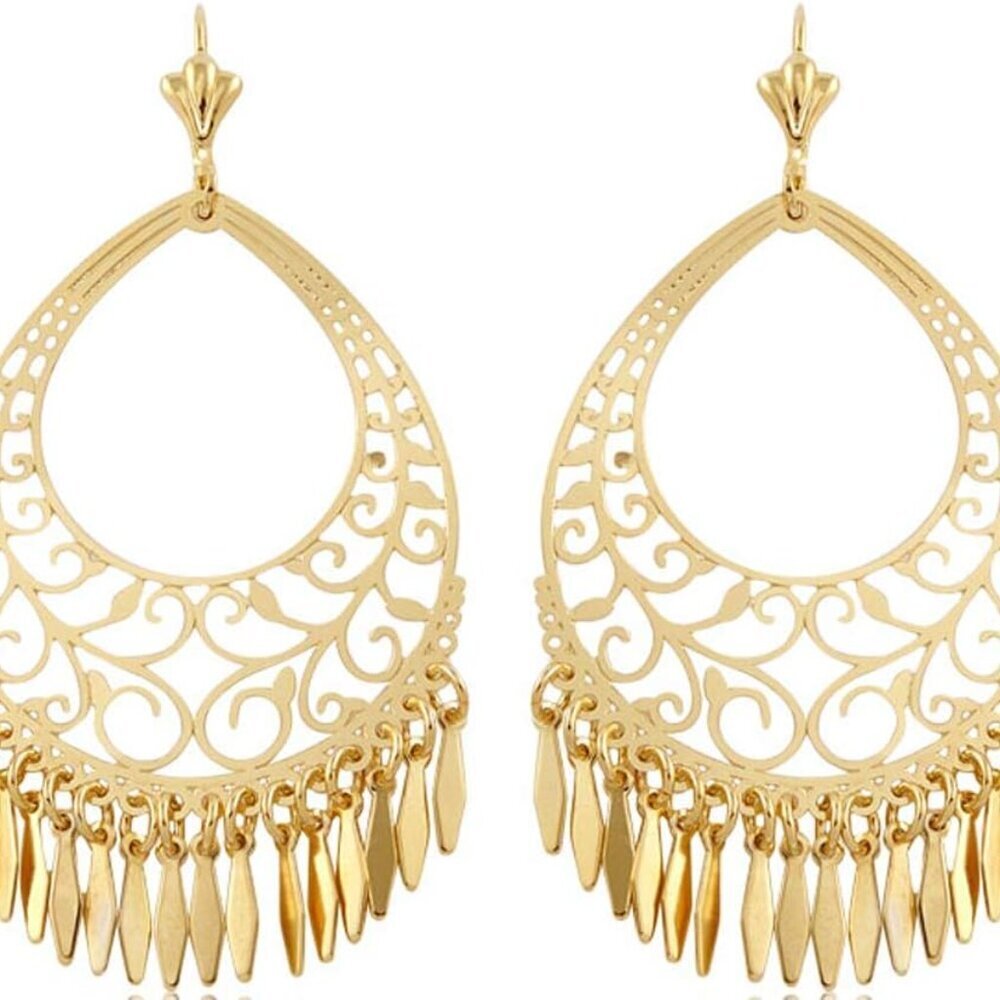 18K Gold Plated Filigree Cut-out Dangling Chandelier Earrings - Made in Brazil